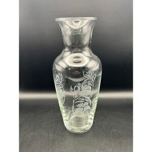 Clear Glass Flower Vase with Etched Floral Design Elegant Home Decor Vtg 9" Tall